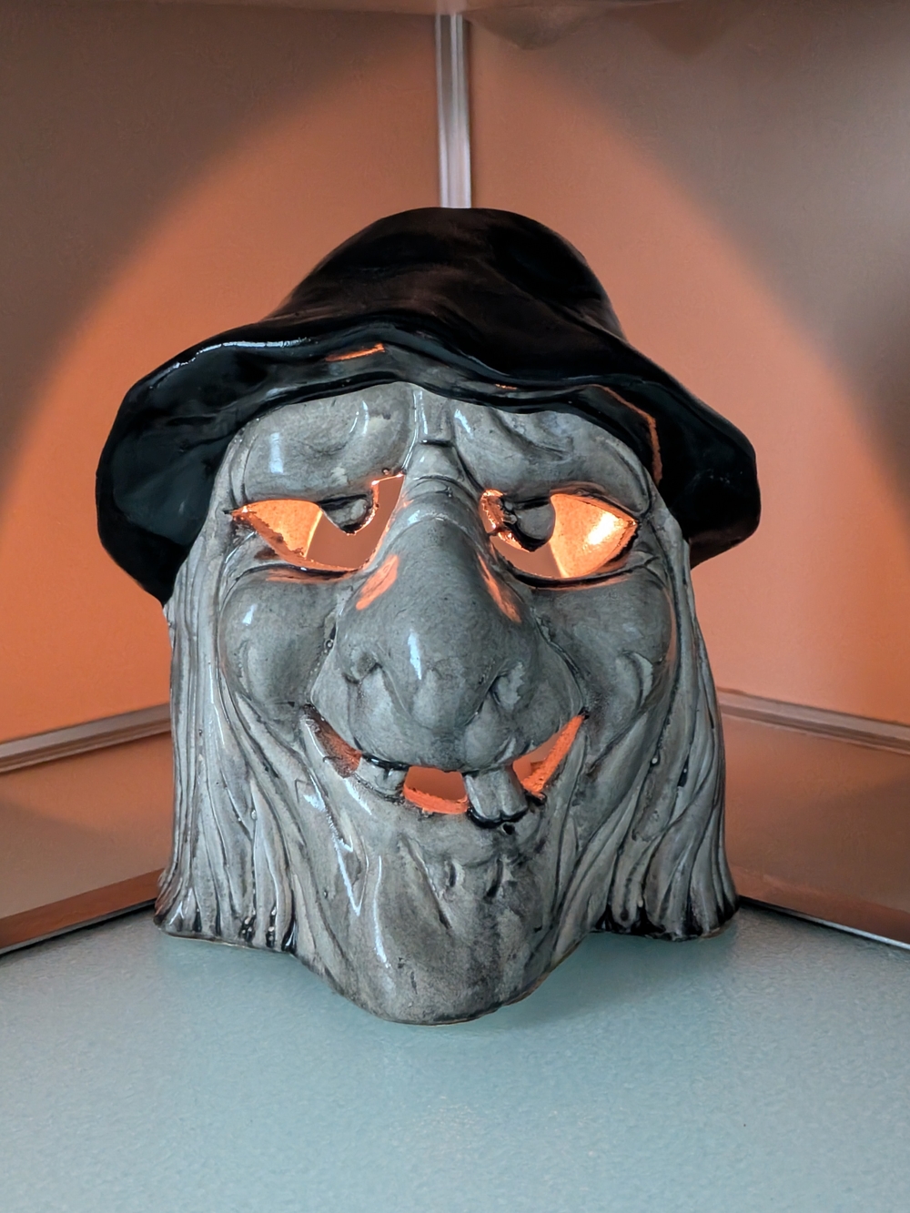 Vintage 1989 Glossy Black Hat Gray Witch Ceramic Lantern Candle Holder With Box